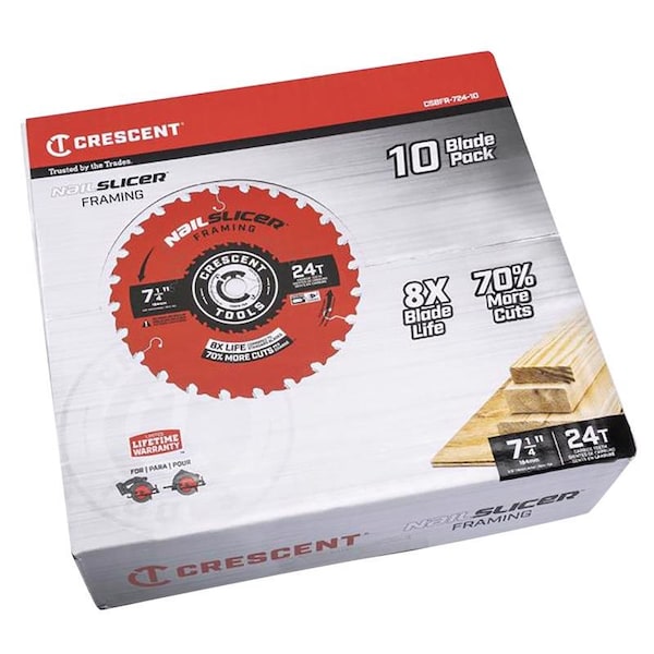 Campbell Chain & Fittings Crescent NailSlicer 7-1/4 in. D X 5/8 in. Framing Carbide Circular Saw Blade 24 teeth 10 pk CSBFR-724-10 - main